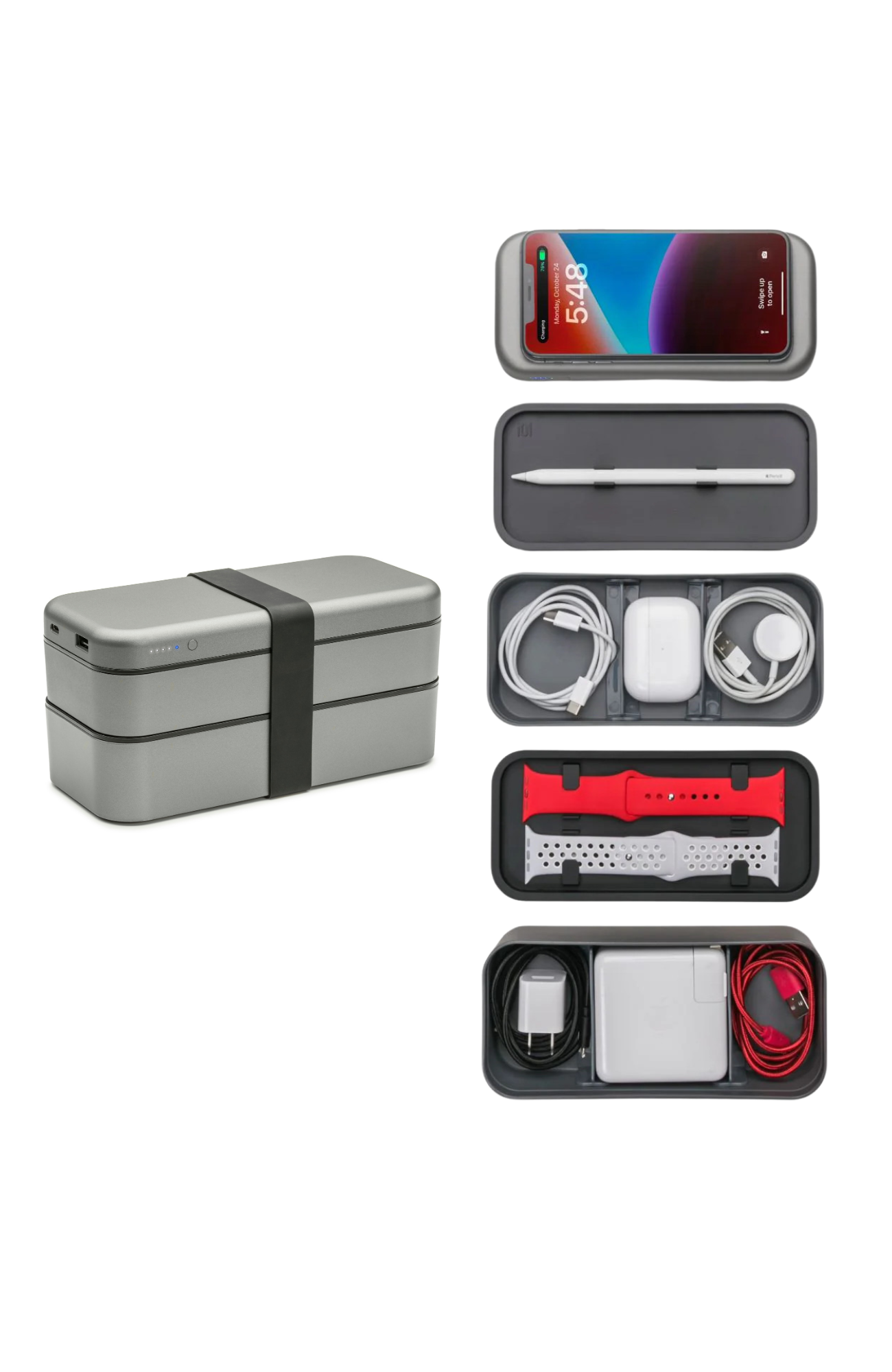 Function101 BentoStack Charge - Tech Accessory Organizer and 3-Way Charger in Grey 