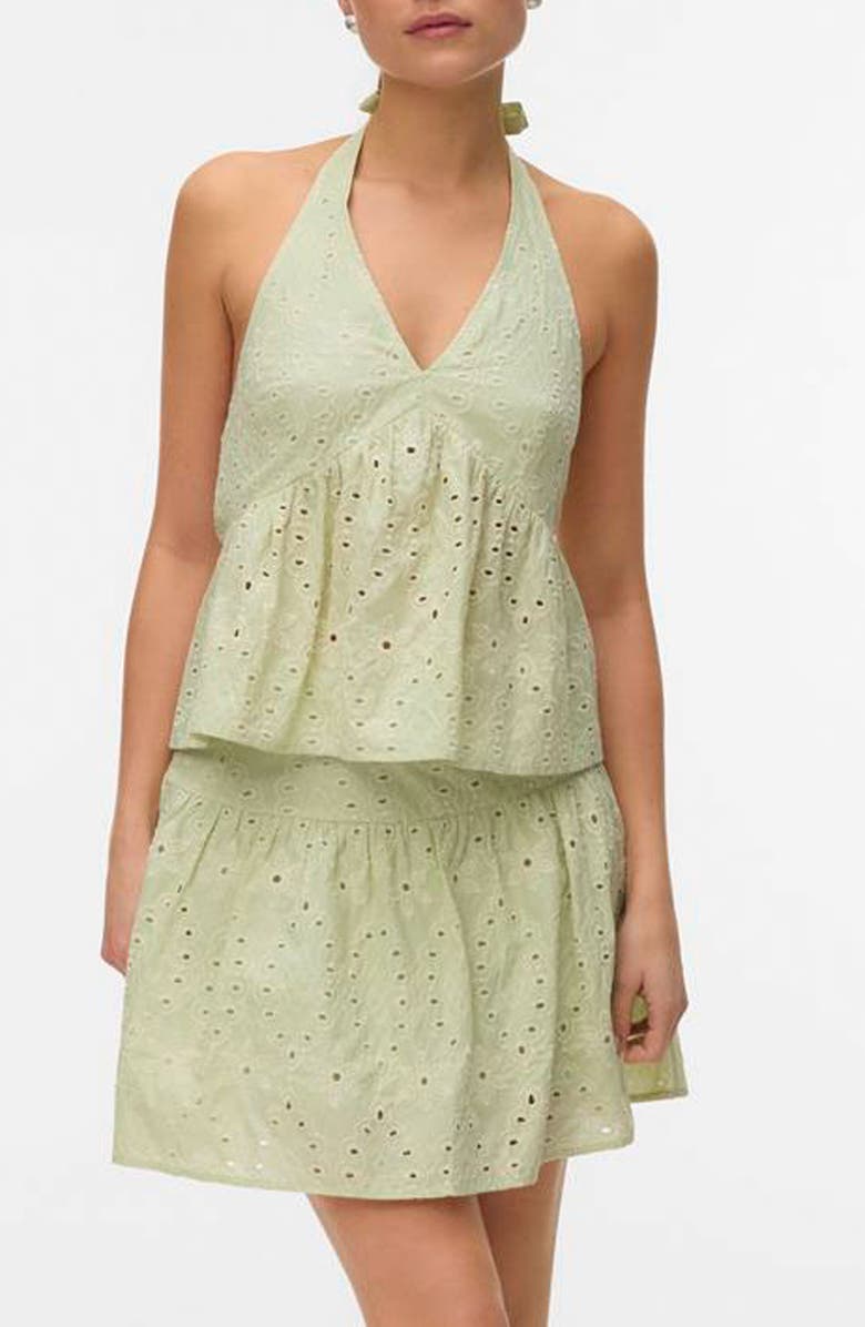 VERO MODA Embroidered Eyelet Halter Neck Babydoll Top, Main, color, Fog Green Detail Snow White Em