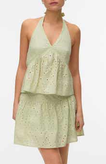 Embroidered Eyelet Halter Neck Babydoll Top
