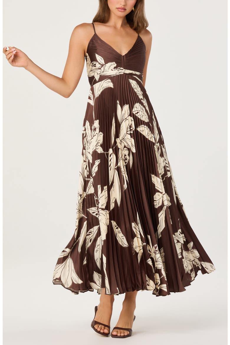 Clea Pleated Midi Dress, Alternate, color, BROWN FLORAL