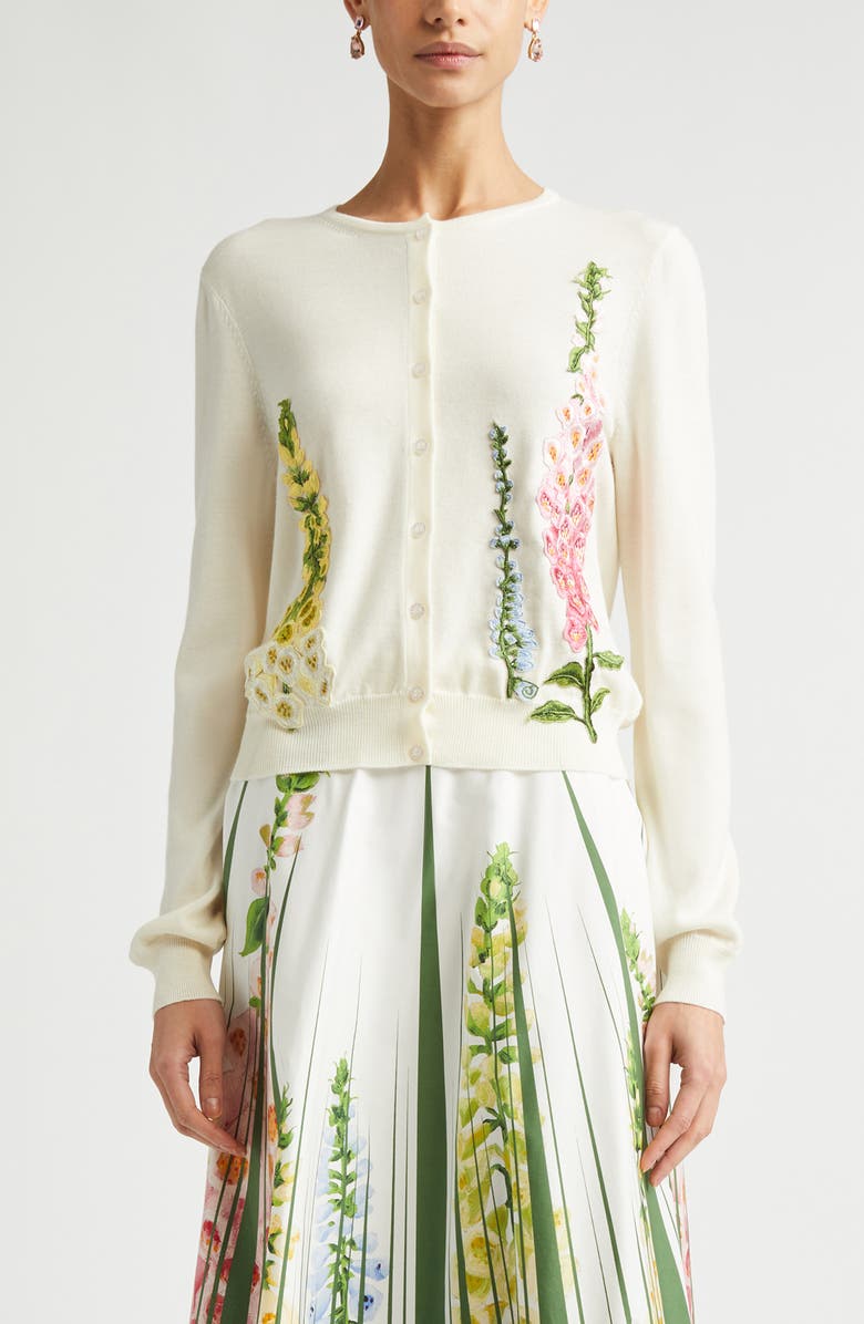 Oscar de la Renta Foxglove Embroidered Virgin Wool Cardigan, Main, color, Ivory