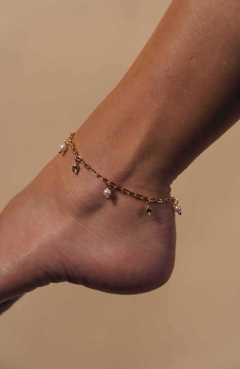 Sterling Forever Beverly Freshwater Pearl Charm Anklet, Alternate, color, Gold