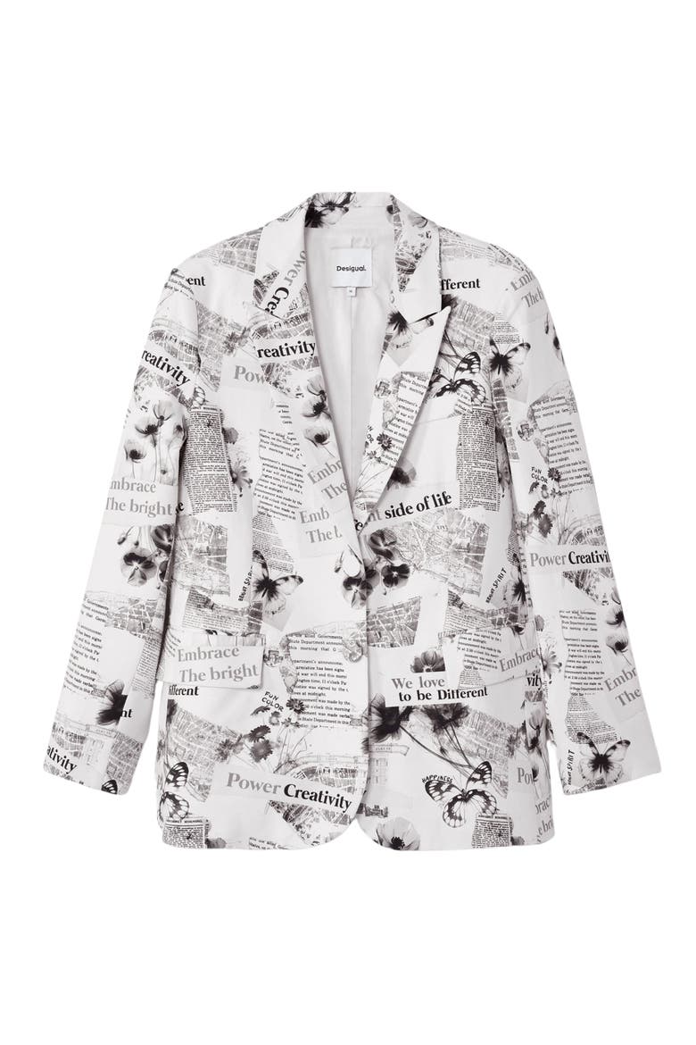 Bratislava News Print Stretch Cotton Blazer, Alternate, color, WHITE