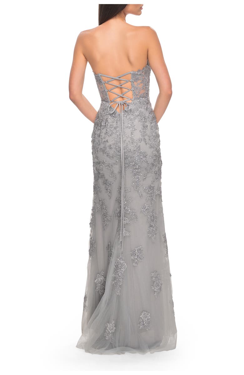 La Femme Embroidered Lace Fitted Prom Dress with Lace Edge Slit, Alternate, color,