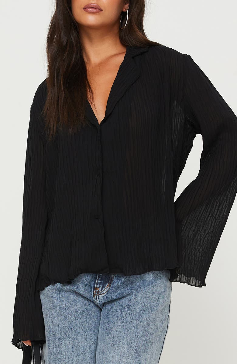 Princess Polly Selma Crinkle Button-Up Top, Main, color, Black