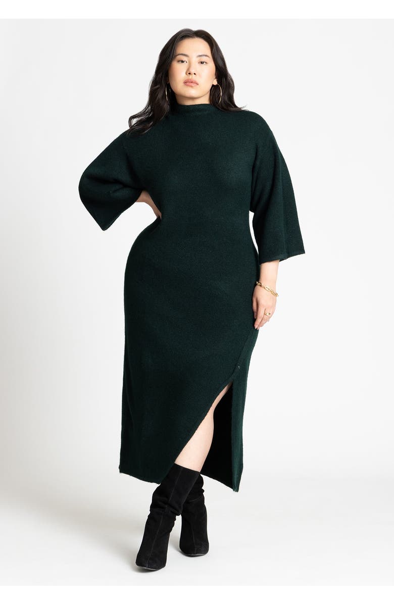 ELOQUII Funnel Neck Wide Sleeve Midi Dress, Main, color, Dark Green