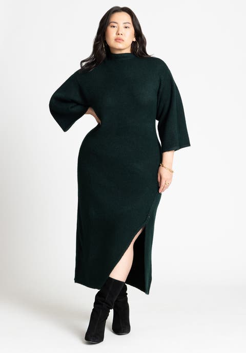 Funnel Neck Wide Sleeve Midi Dress (Plus Available)