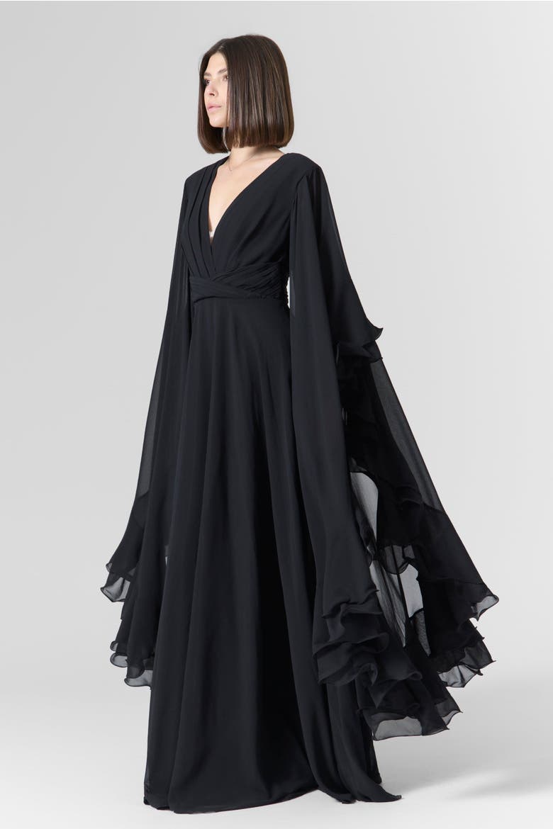 Luna Ruffles Sleeves Chiffon Maxi Dress, Alternate, color, Black