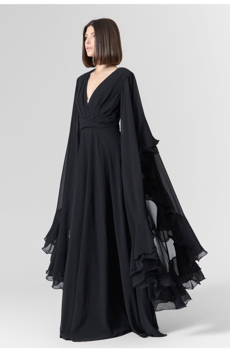 Le Fafo Luna Ruffles Sleeves Chiffon Maxi Dress, Alternate, color, Black