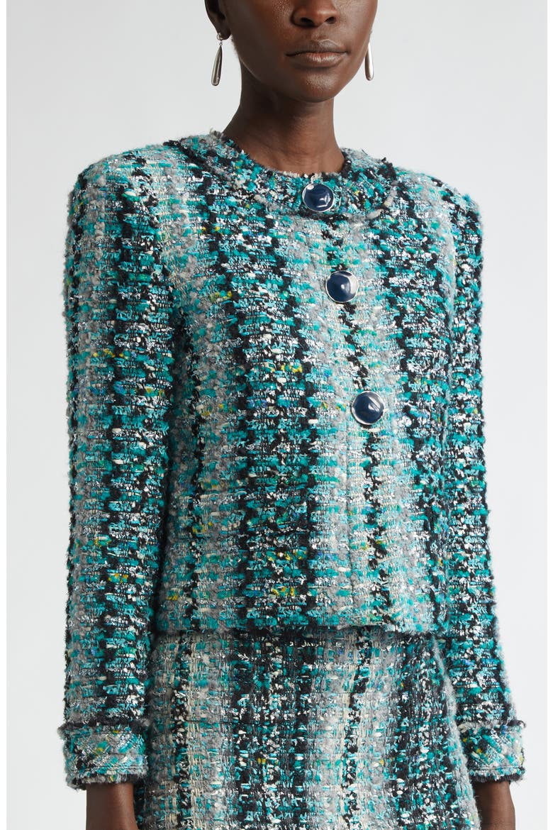 Foiled Eyelash Tweed Crop Jacket, Alternate, color, JUNIPER/ AQUAMARINE MULTI