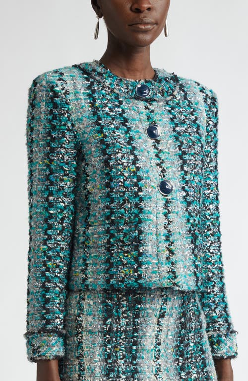 St John St. John Collection Foiled Eyelash Tweed Crop Jacket In Juniper/aquamarine Multi