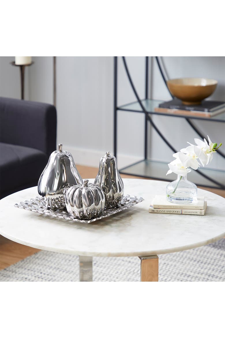 Silver Ceramic Decorative Fruit Sculpture with Plate - Set of 4, Alternate, color, SILVER