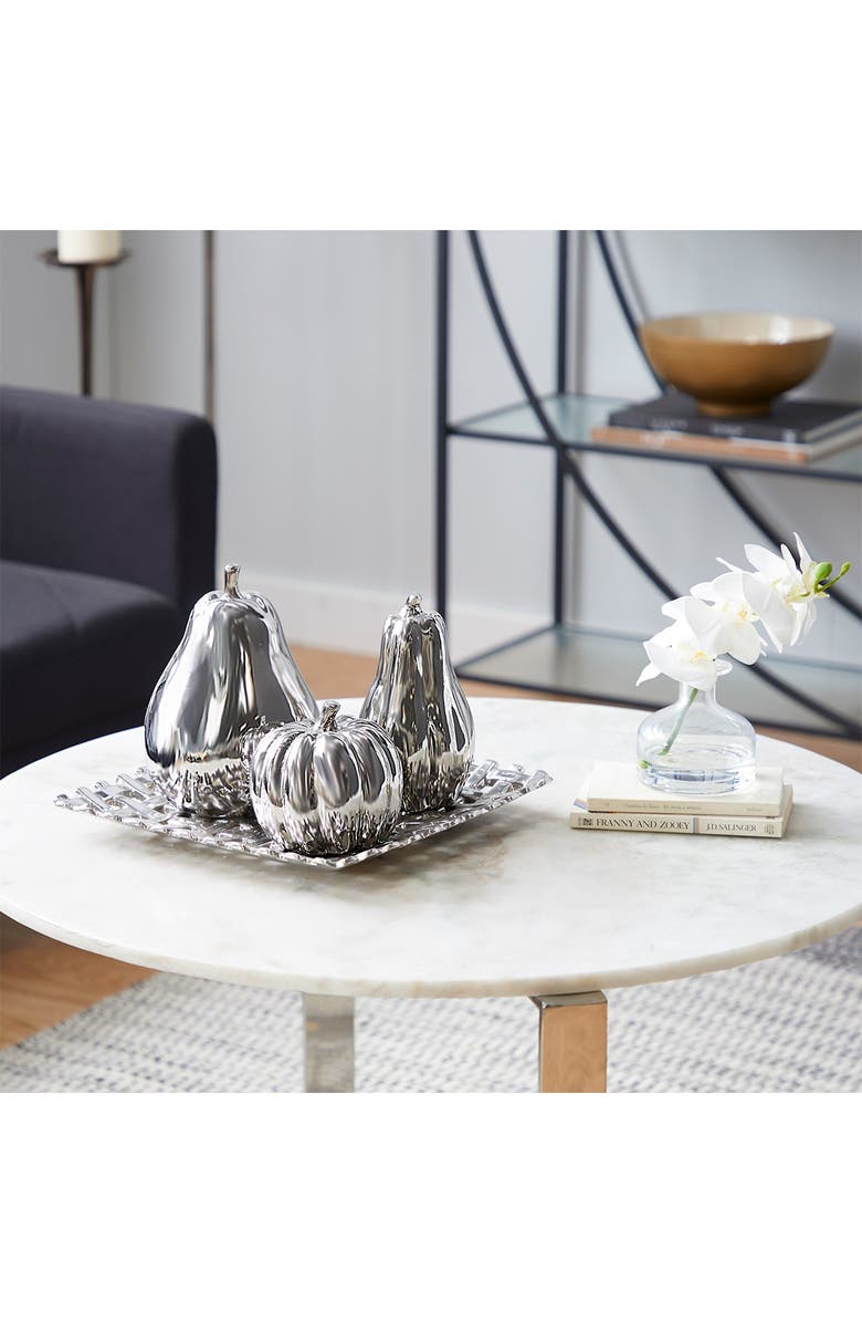 WILLOW ROW Silver Ceramic Decorative Fruit Sculpture with Plate - Set of 4, Alternate, color, Silver