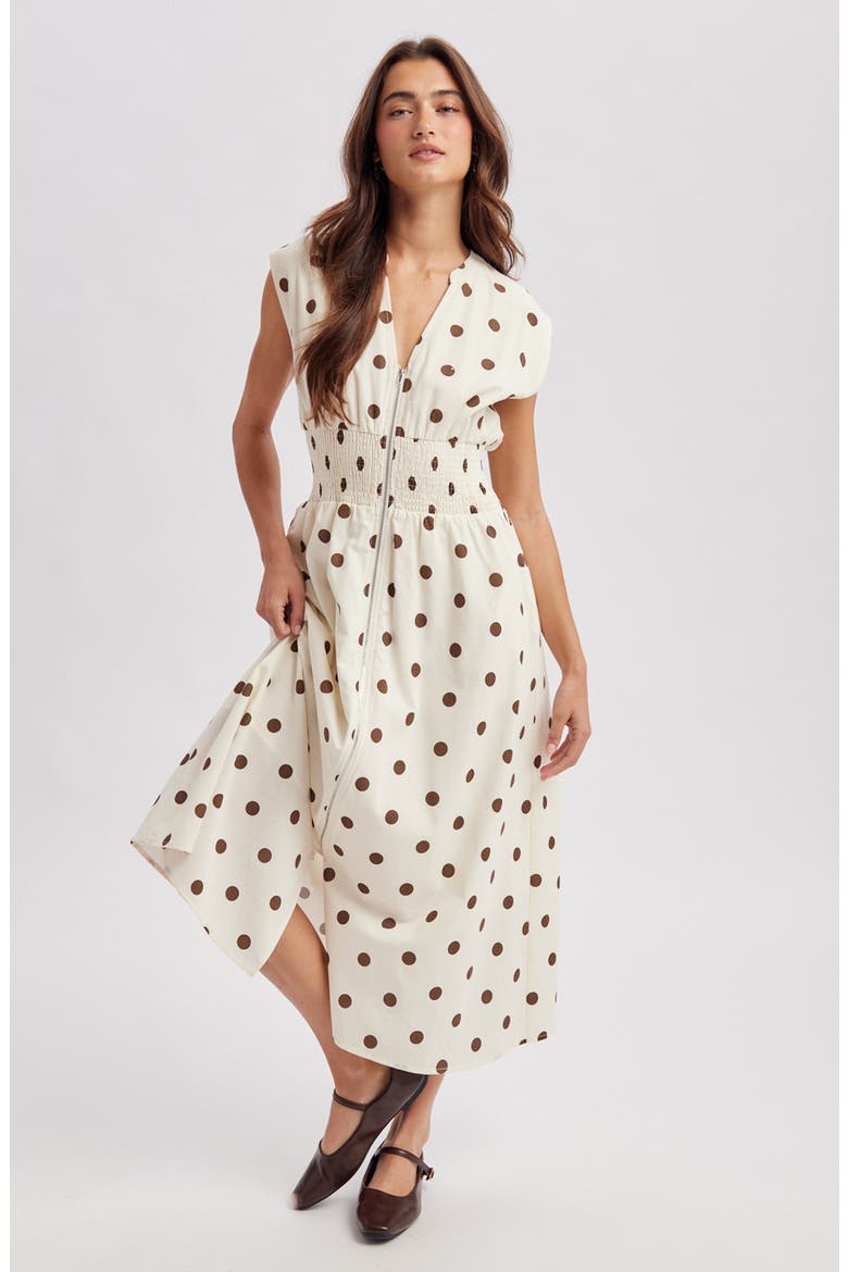 Polkadot Zip Front Midi Dress, Alternate, color, CREAM