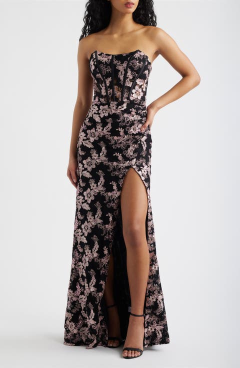 Embroidered Lace Corset Strapless Gown