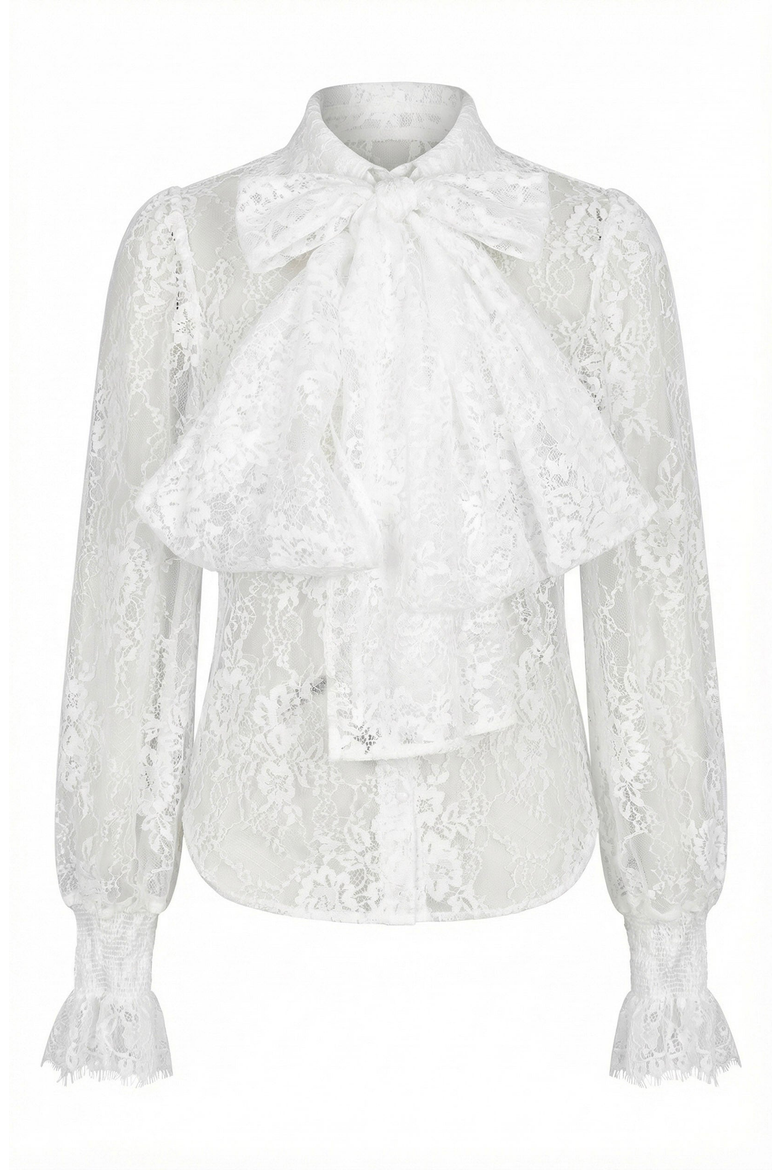 Oversized Bow Tie Neck Ruffle Sheer Lace Blouse, Alternate, color, White