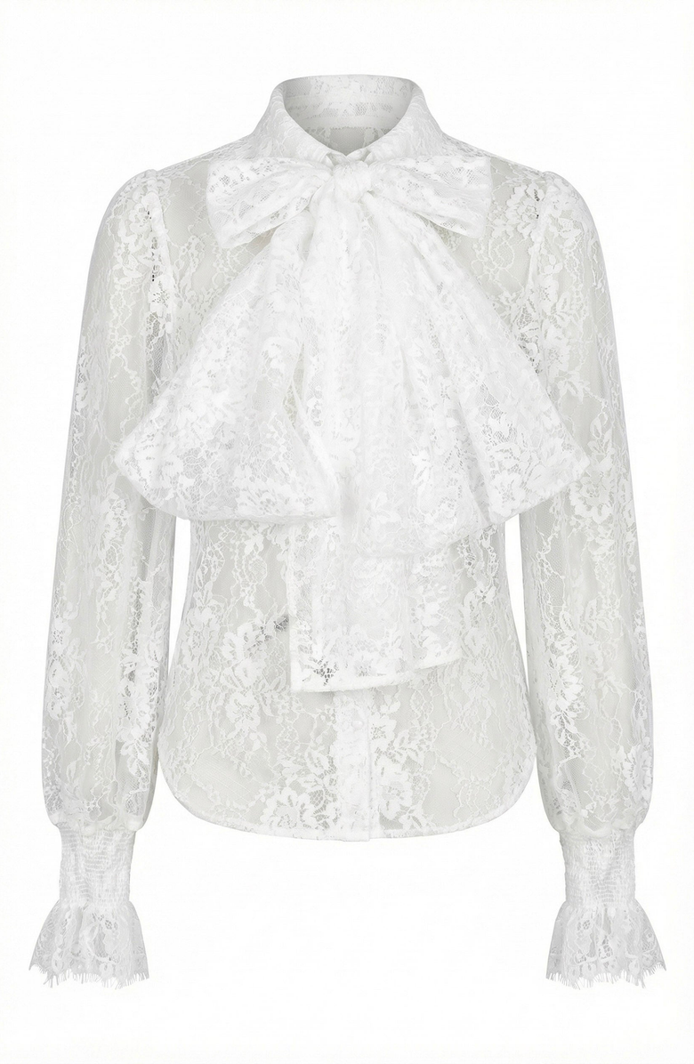 Modenaire Oversized Bow Tie Neck Ruffle Sheer Lace Blouse, Alternate, color, White