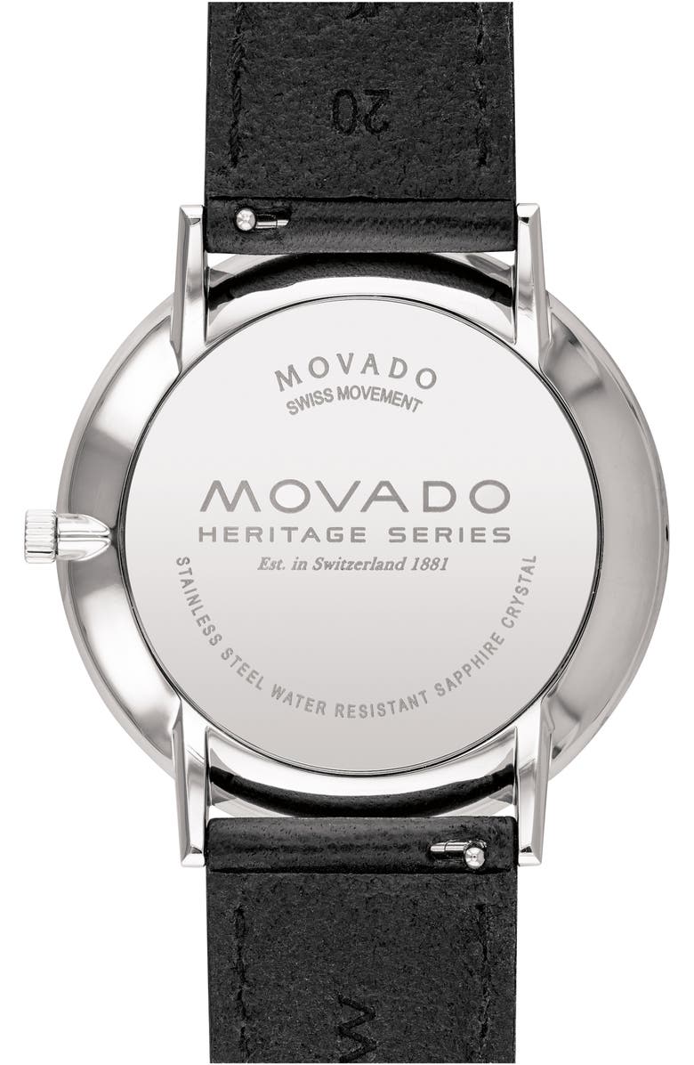 Movado Heritage Leather Strap Watch, 40mm, Alternate, color, Black