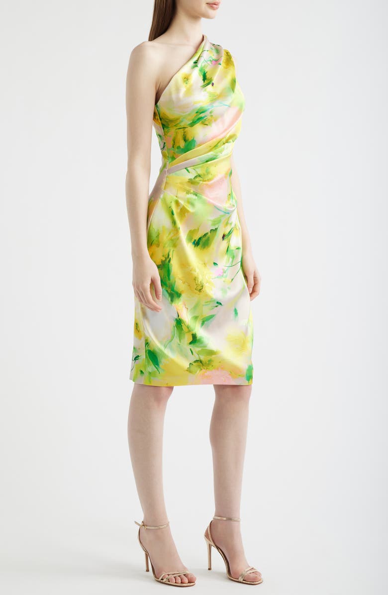 Eliza J Abstract Floral One-Shoulder Satin Cocktail Sheath Dress, Alternate, color, Yellow