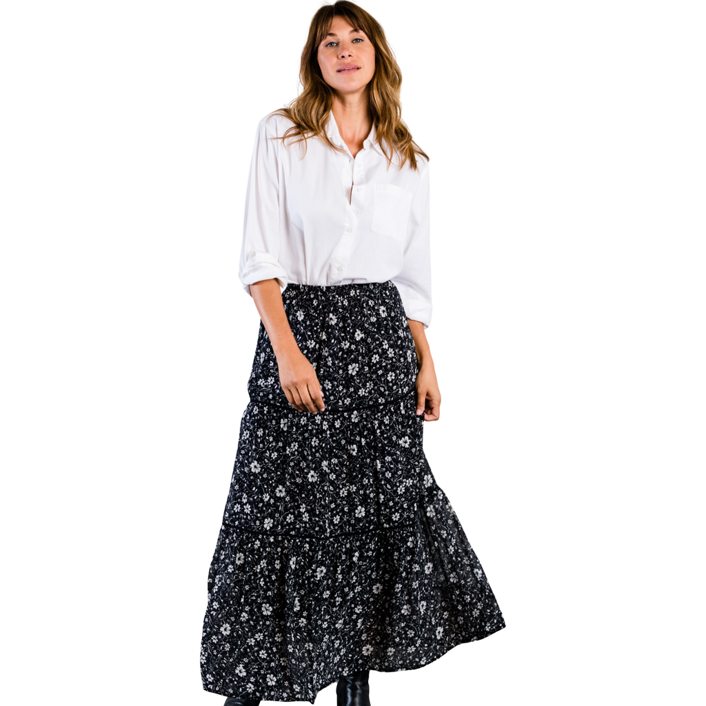 Able Erin Tiered Maxi Skirt In Black/white Floral