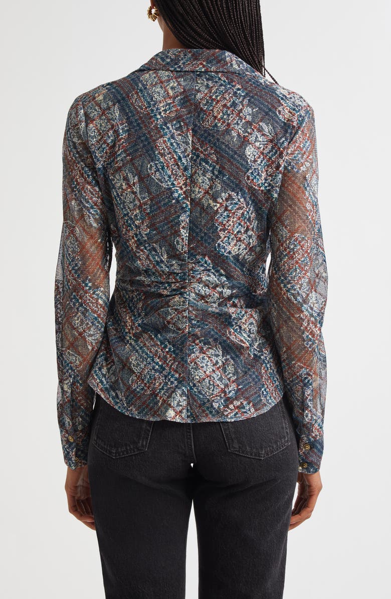 Ramy Brook Hamilton Ruched Mixed Plaid Button-Up Shirt, Alternate, color, Amber Multi