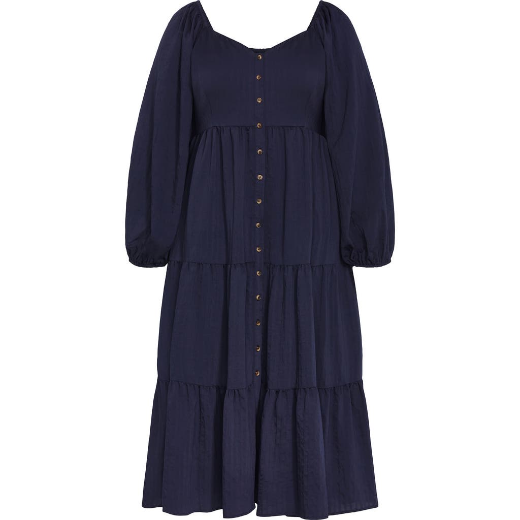 City Chic Tiana Long Sleeve Tiered Midi Dress In Blue