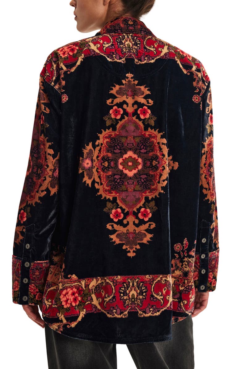 Free People One Night Placed Print Velvet Button-Up Shirt, Alternate, color, Night Owl Combo