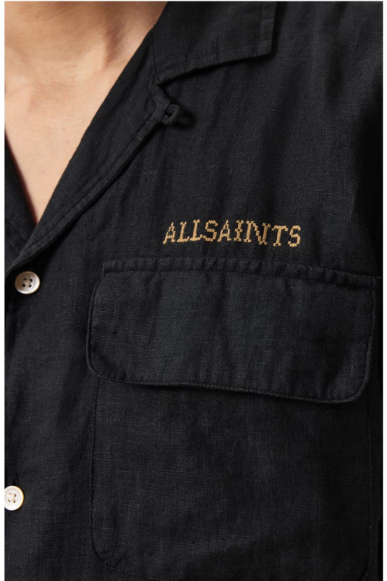 Dunloe Embroidered Linen Button-Up Camp Shirt, Alternate, color, JET BLACK