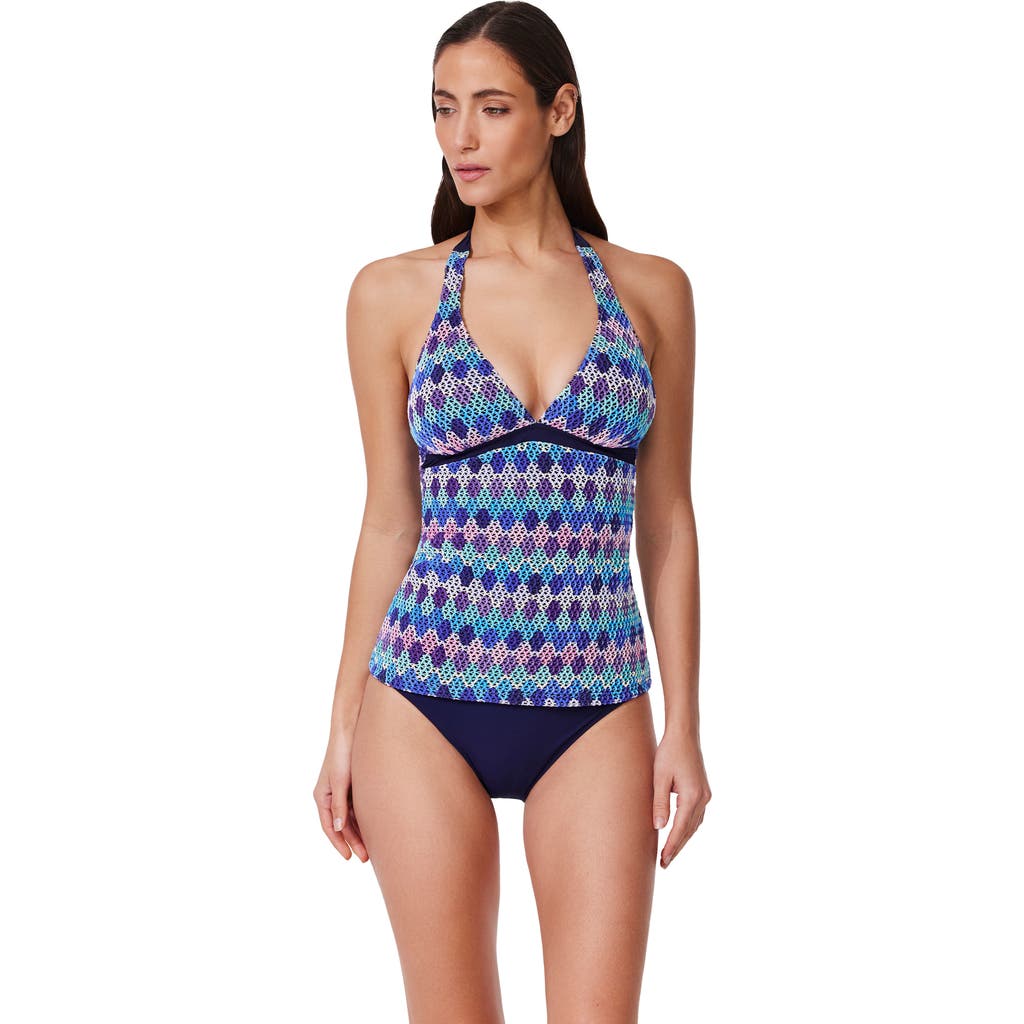 Profile By Gottex Retro Riviera Halter Netted Crochet Tankini Top In Blue