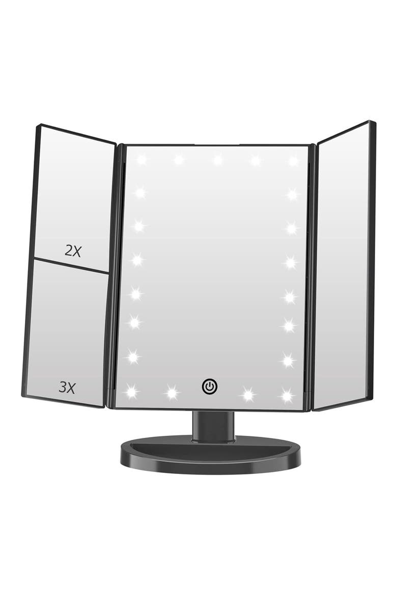 Fascinate LED Tri-Fold Makeup Mirror, Main, color, BLACK