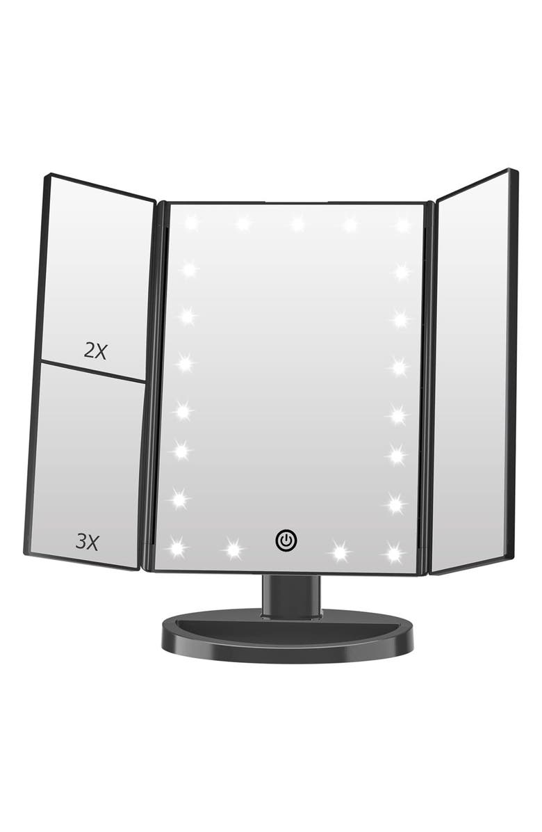 LILA BY AKUNBEM Fascinate LED Tri-Fold Makeup Mirror, Main, color, Black