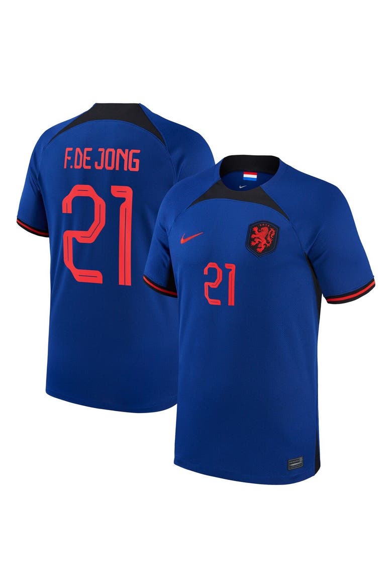 Men's Nike Frenkie de Jong Blue Netherlands National Team 2022/23 Away Breathe Stadium Replica Player Jersey, Main, color, Blue