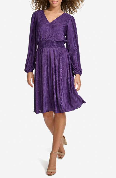Pleated V-Neck Long Sleeve A-Line Dress