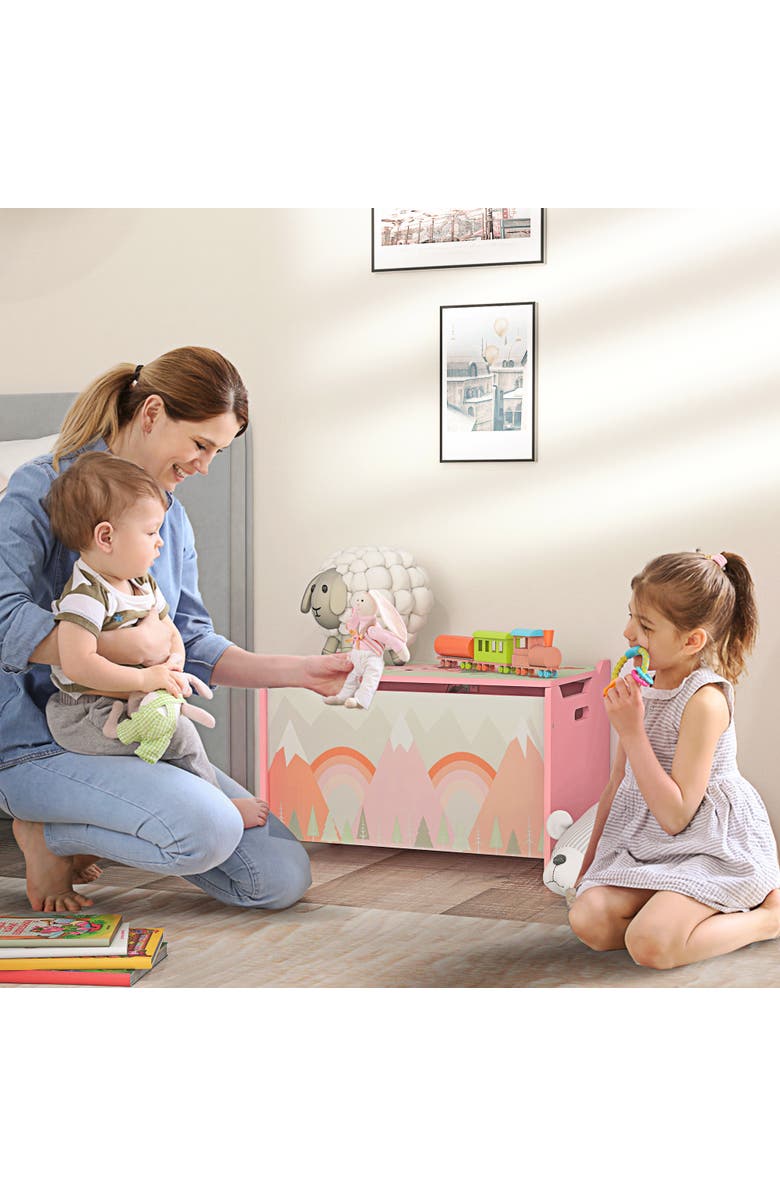 Qaba Kids Toy Box with Lid, Safety Hinge, Cute Animal Design, Storage, Alternate, color, Pink