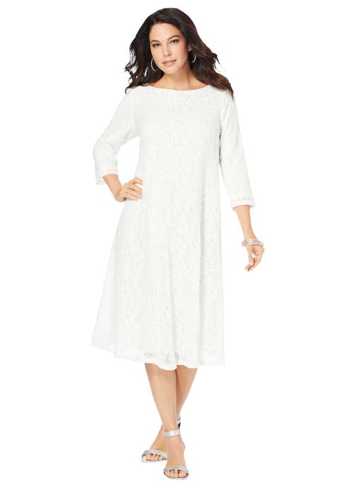 Plus-Size 3/4 Sleeve Boatneck Lace Swing Dress (Plus)
