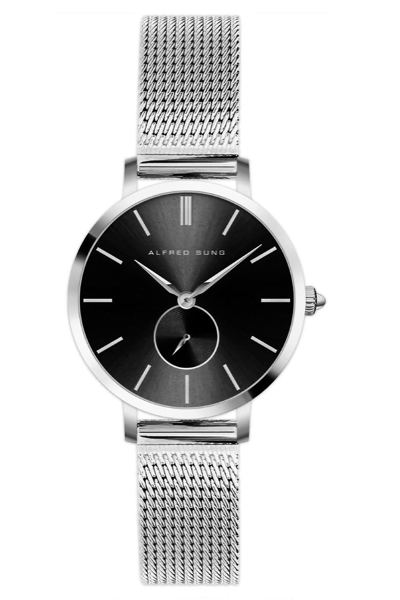Serenity Slim Mesh Bracelet Watch, 33mm, Main, color, SILVER MESH STRAP/BLACK DIAL