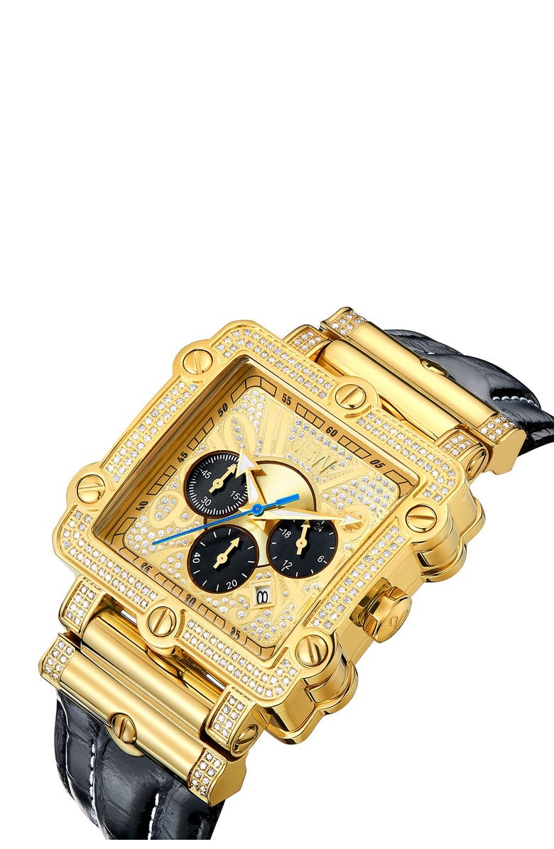 JBW Phantom Leather Strap Diamond Chronograph Watch, 46mm, Alternate, color, Gold