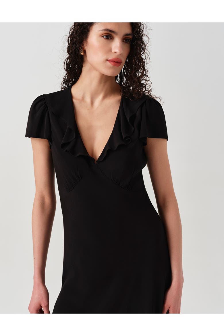 Kimmy Frill Neck Crepe Midi Dress, Alternate, color, Black