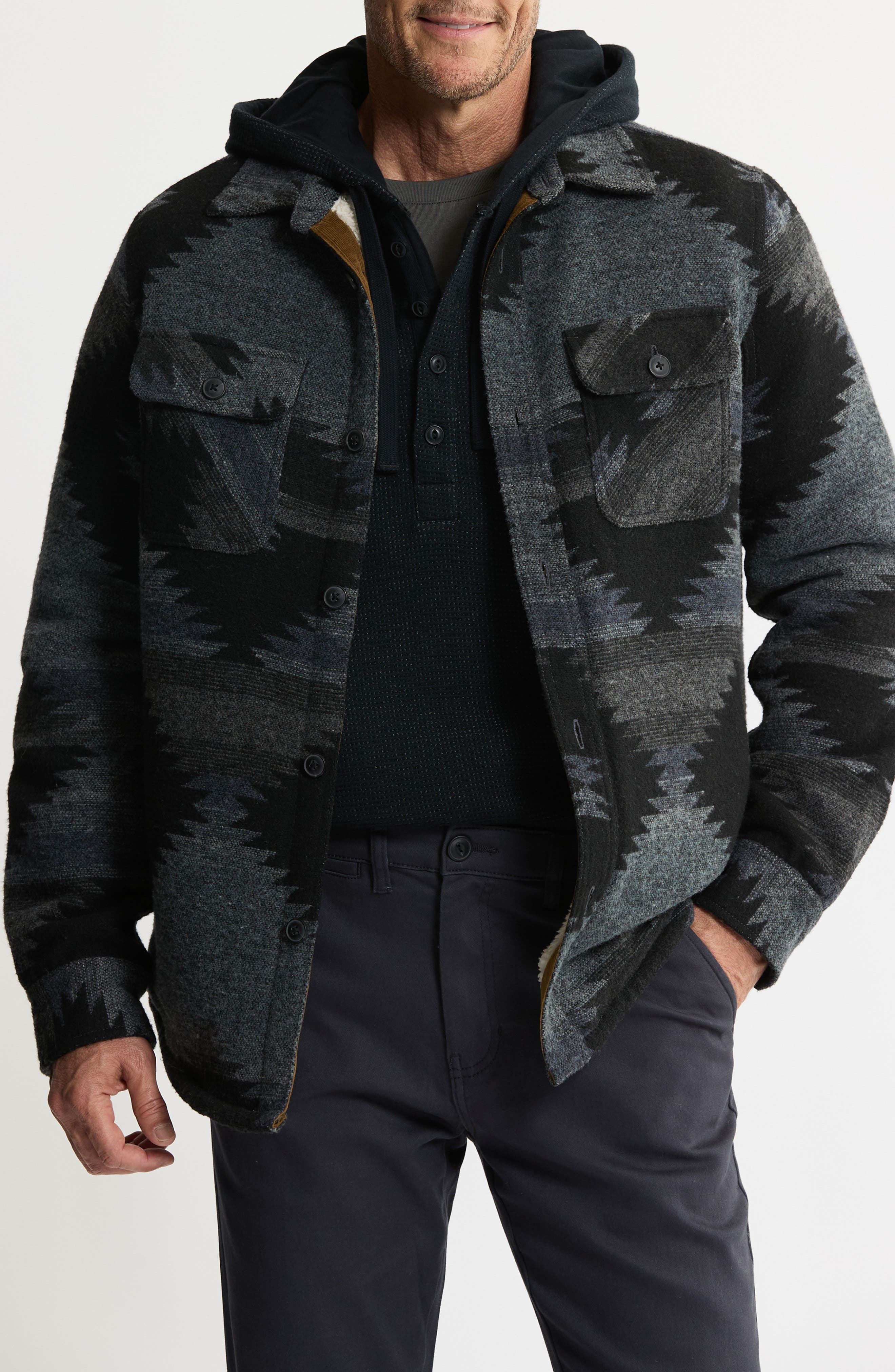 JACHS Geometric Jacquard Faux Shearling Lined Jacket