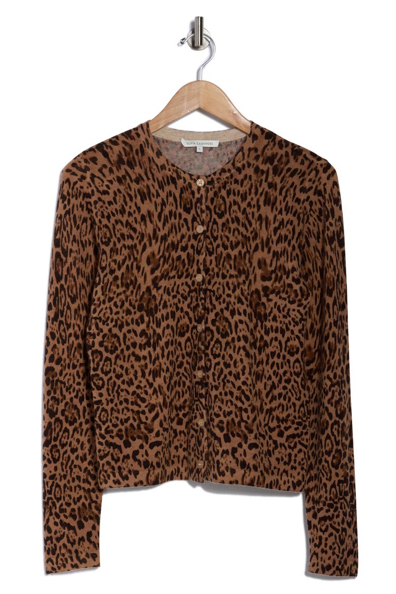 Leopard Print Wool & Cashmere Blend Cardigan, Alternate, color, CAMEL