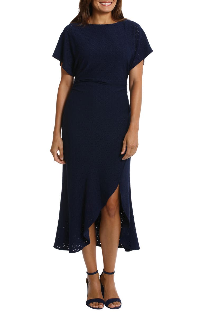 London Times Eyelet Short Sleeve Tulip Hem Midi Dress, Main, color,