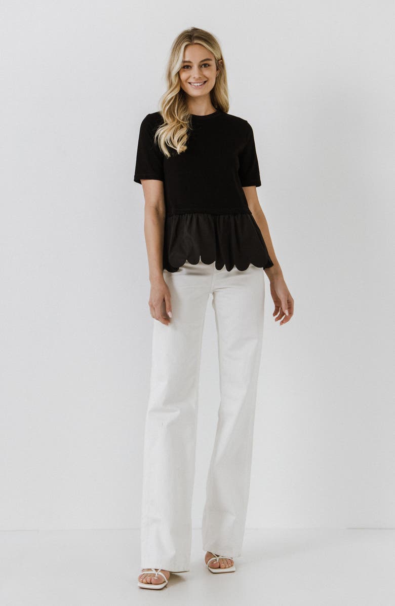 English Factory Mixed Media Scallop Peplum Cotton Top, Alternate, color, Black