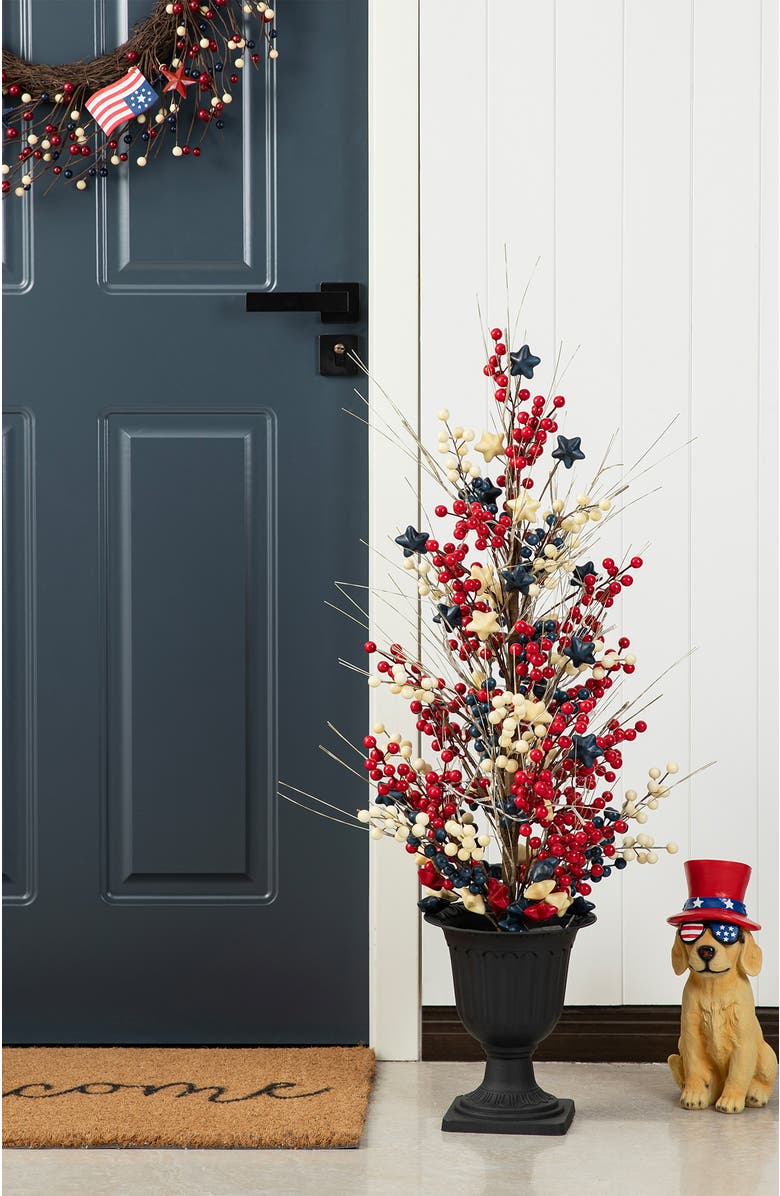 Glitzhome 3ft Patriotic Americana Lighted Berry Stars Urn Porch Tree with Timer, Alternate, color, Blue