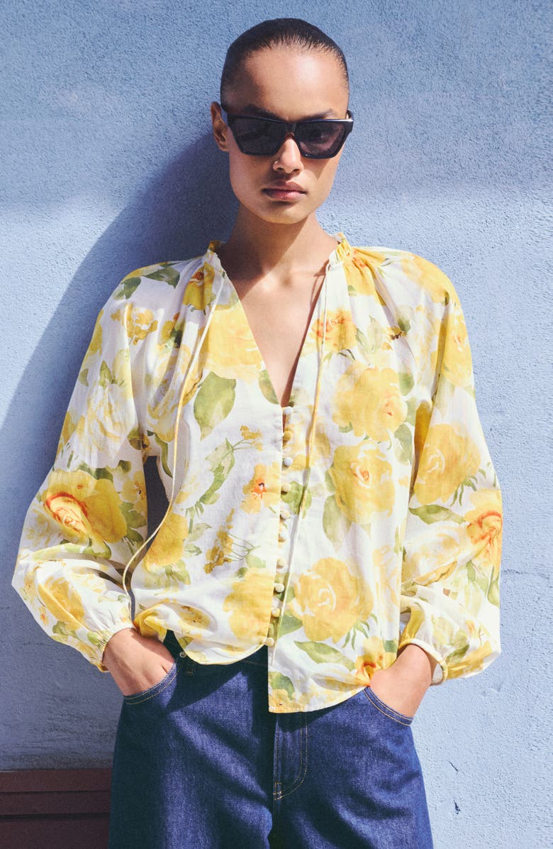 MANGO Floral Tie Neck Button-Up Top, Alternate, color, 