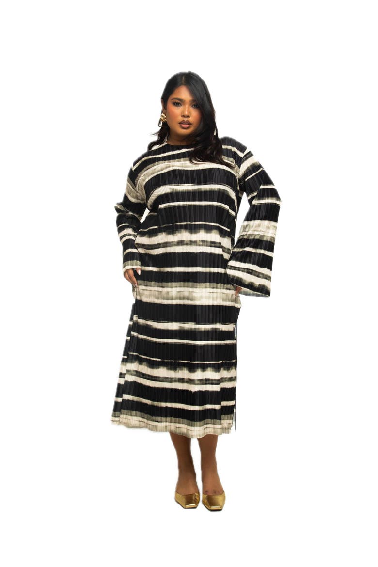 Long Sleeved Striped Plisse Midi Dress, Main, color, Khaki
