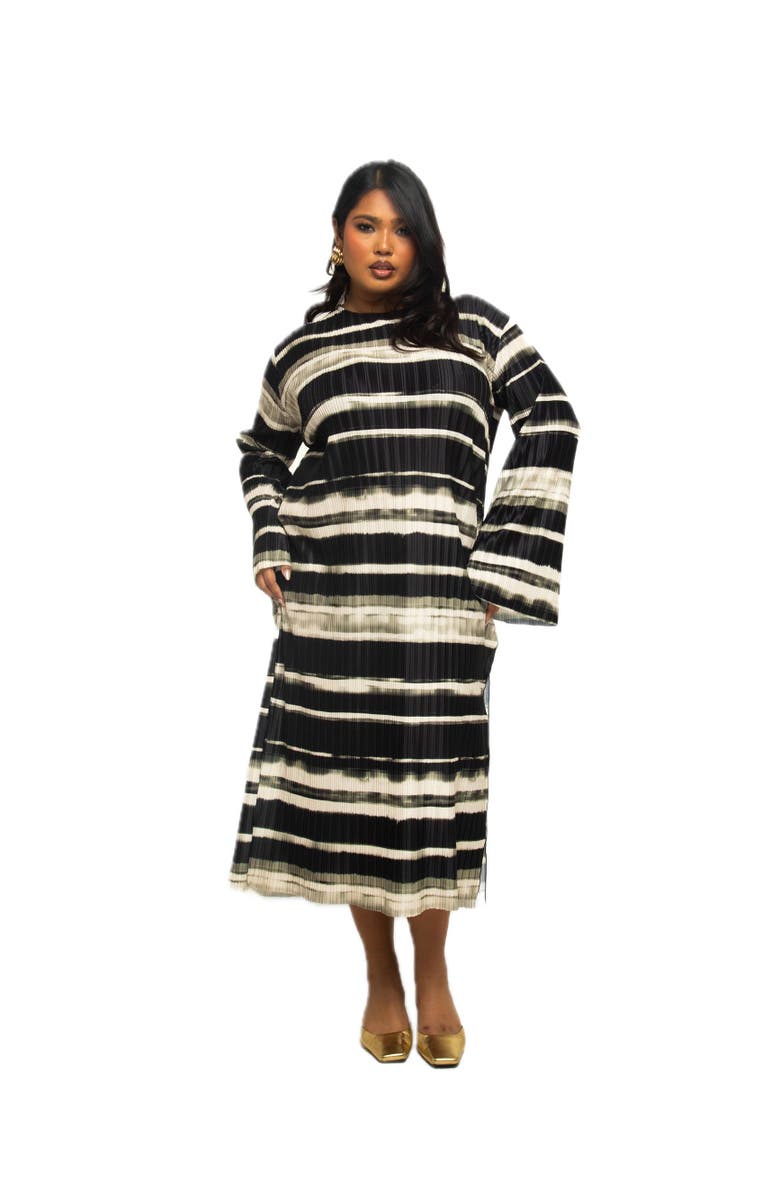 FASHION-SZN CURVE Long Sleeved Striped Plisse Midi Dress, Main, color, Khaki
