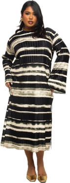 FASHION-SZN CURVE Long Sleeved Striped Plisse Midi Dress