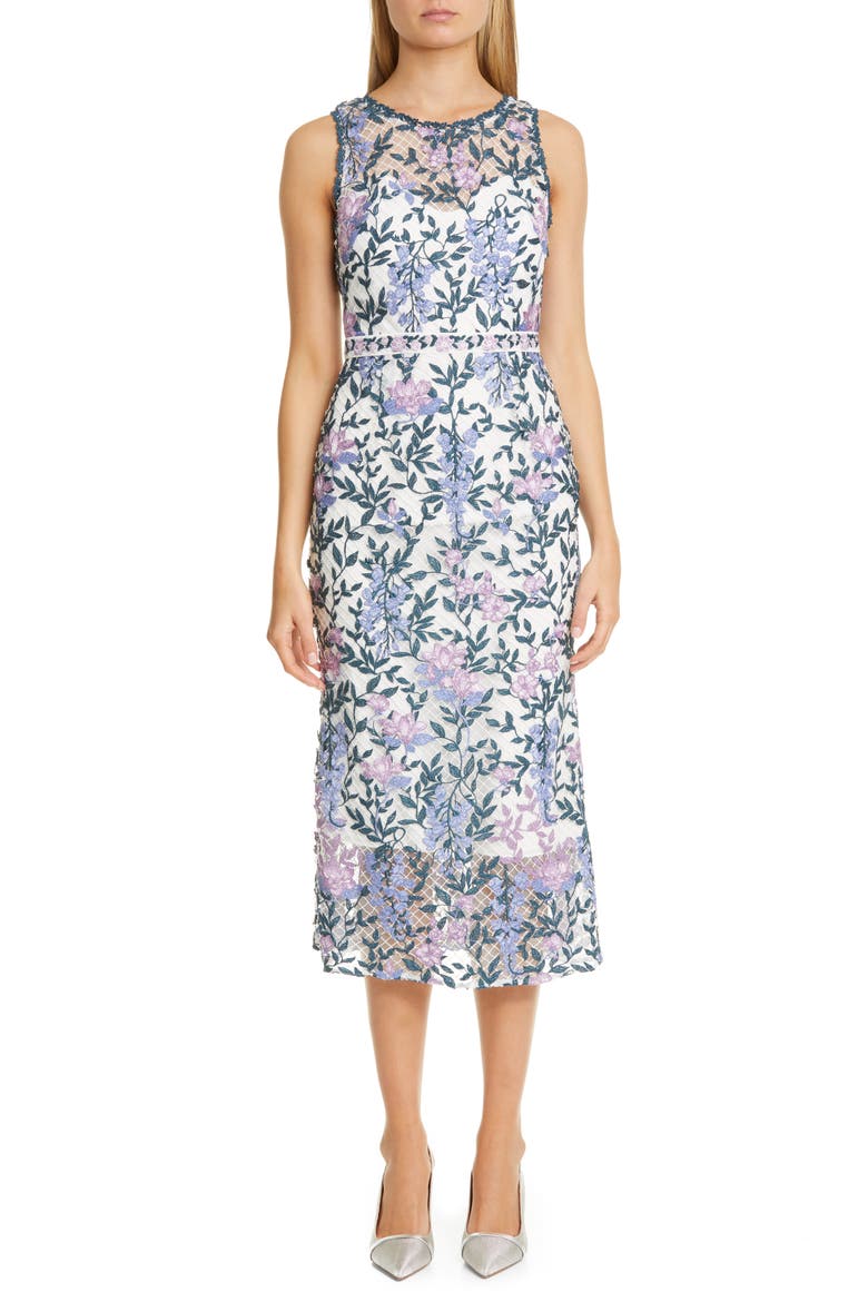 Floral Embroidery Midi Dress, Main, color, IVORY/ TEAL
