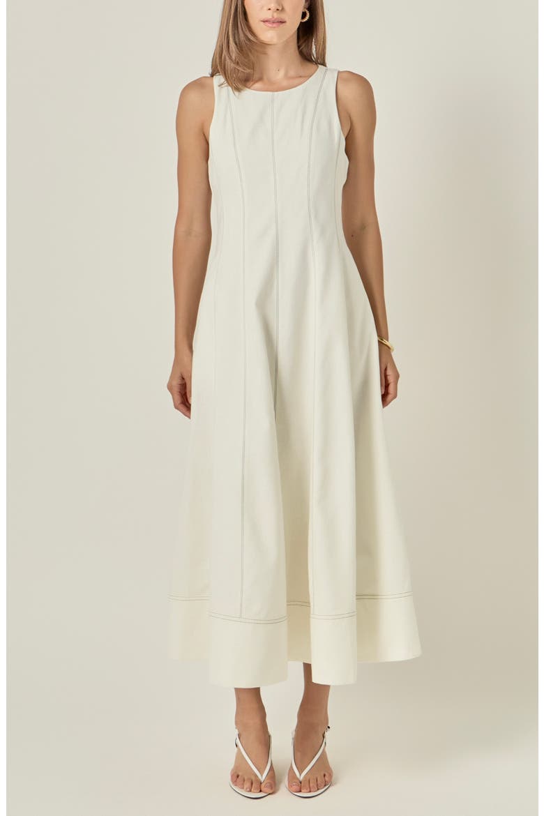 Stitch Detail Linen Midi Dress, Alternate, color, WHITE/ BLACK