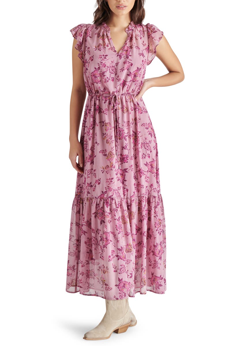Steve Madden Osiris Floral Tiered Split Neck Tie Waist Maxi Dress, Main, color,
